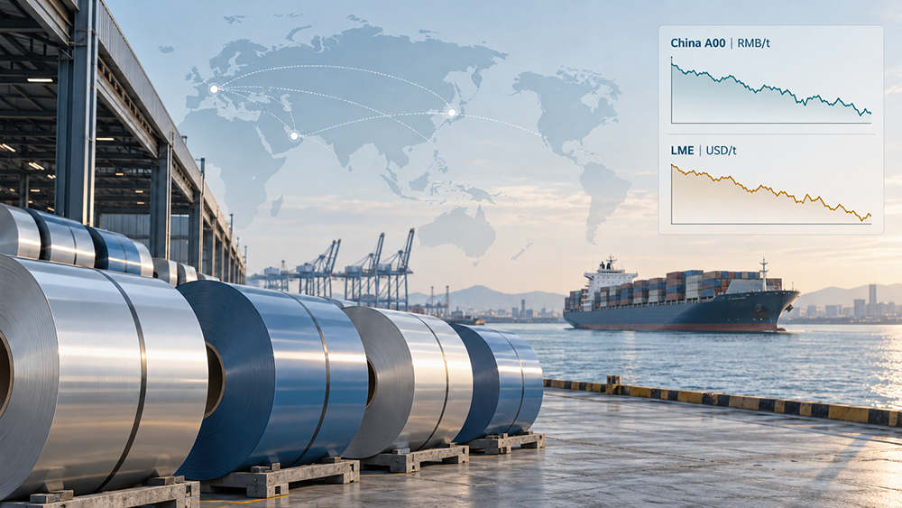 Coated aluminum coils at a port with separate China A00 and LME price charts and global shipping routes.png