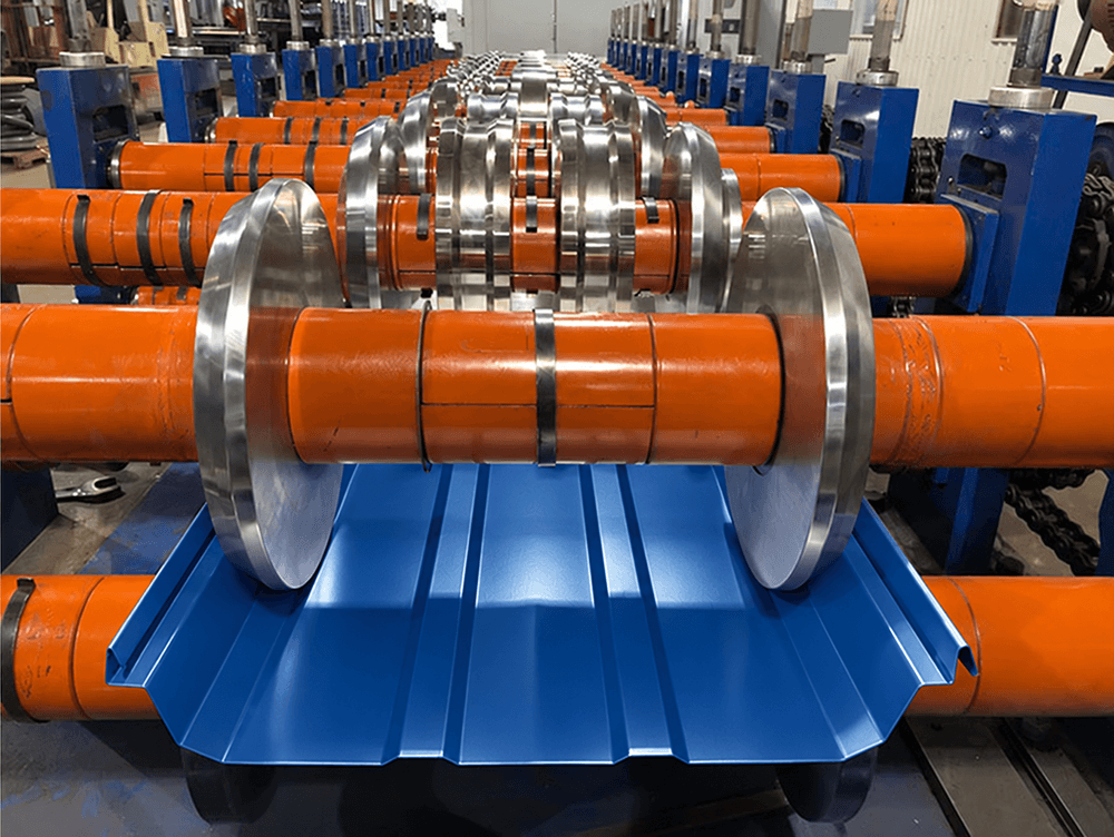 Prepainted aluminum coil passing through roll-forming stands to form a roofing profile.png